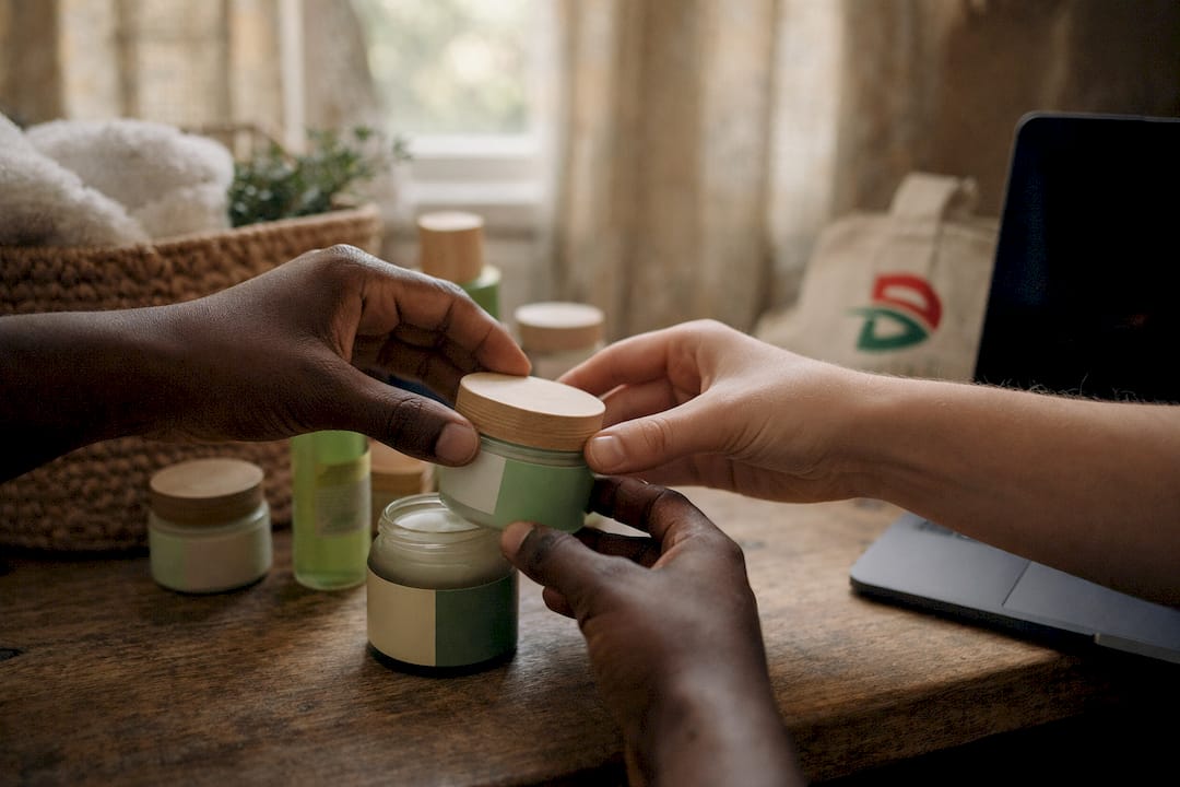 Hands arranging beauty products on marble