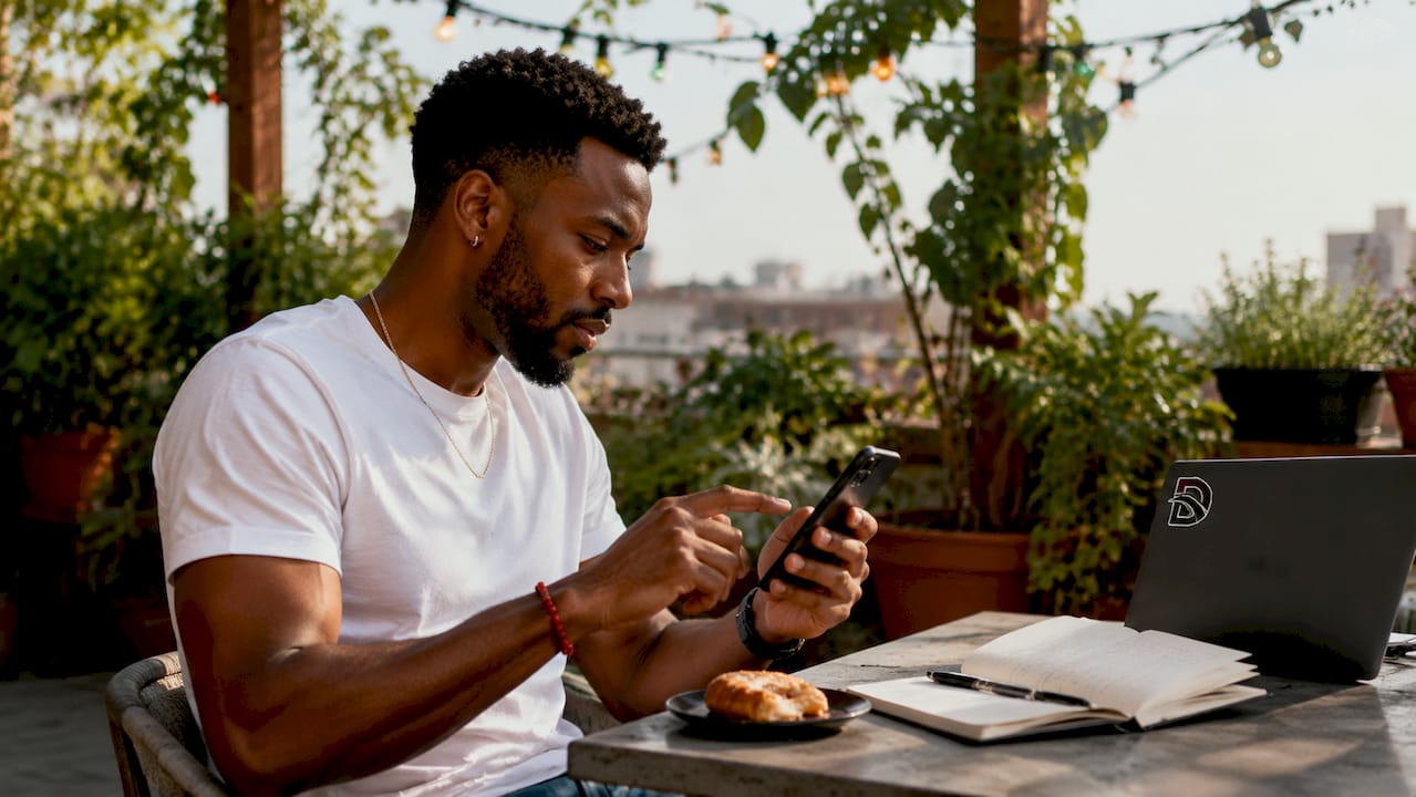 Man following Black-owned fashion brand on phone
