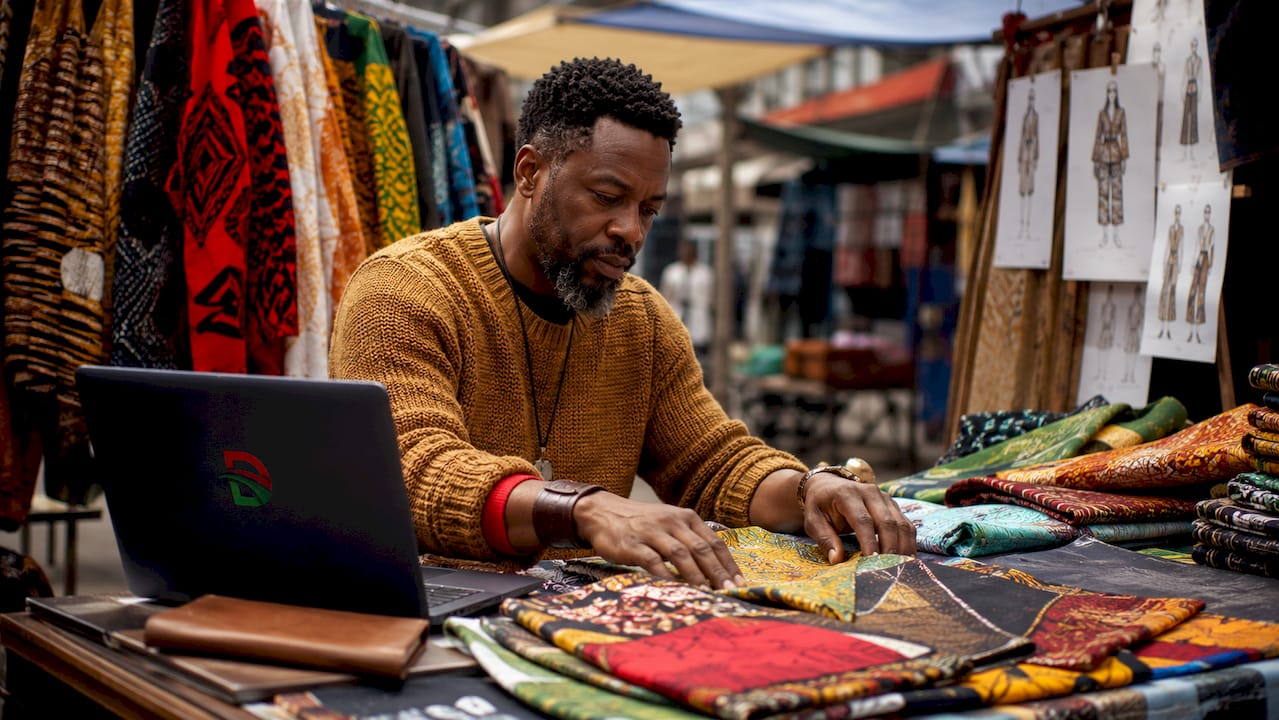 Close-up of hands arranging patterned textiles on table