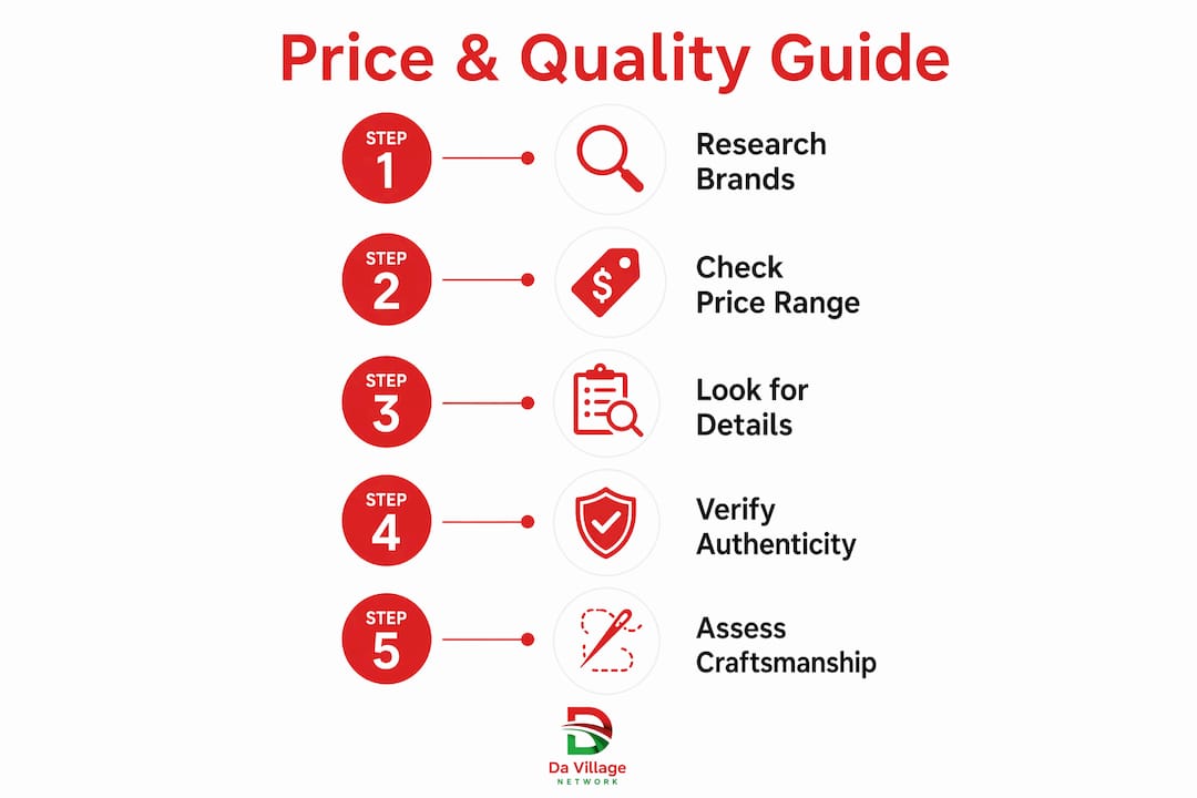 Infographic showing steps for evaluating price and quality of Black designer clothing