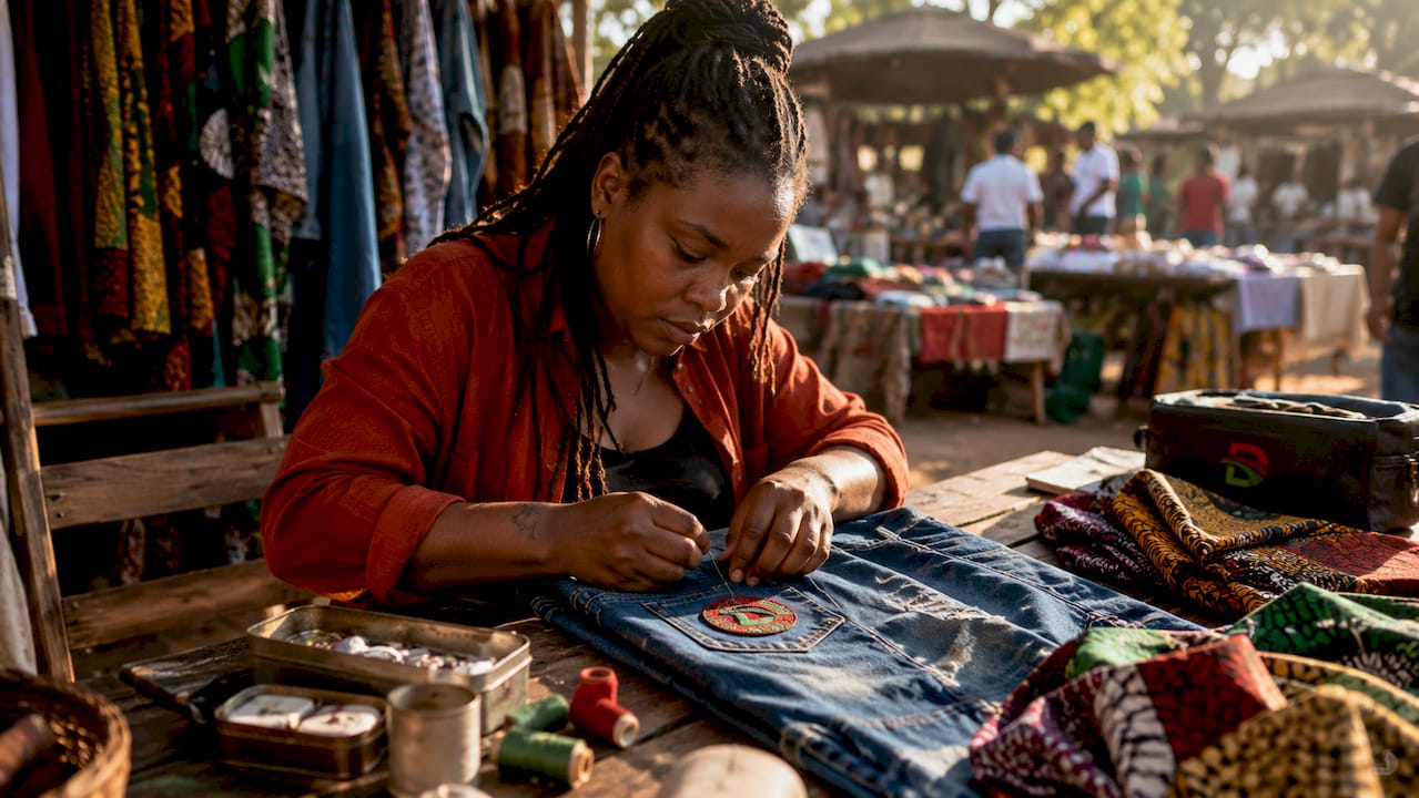 Hands sewing denim jeans with cotton wreath patch