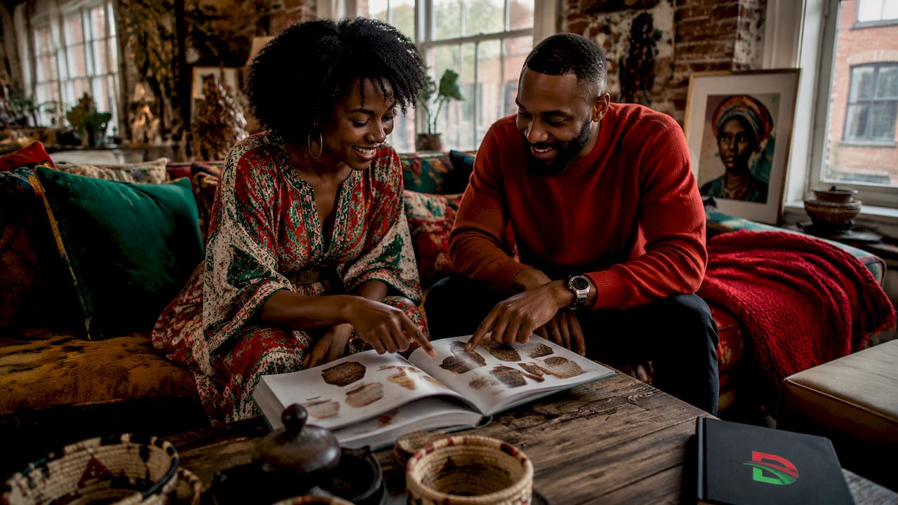 Black couple browsing Black home brand catalog