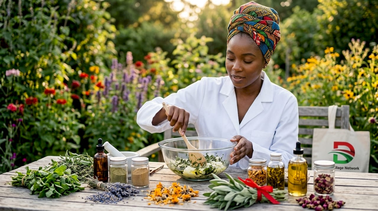 Black female scientist mixing skincare formula