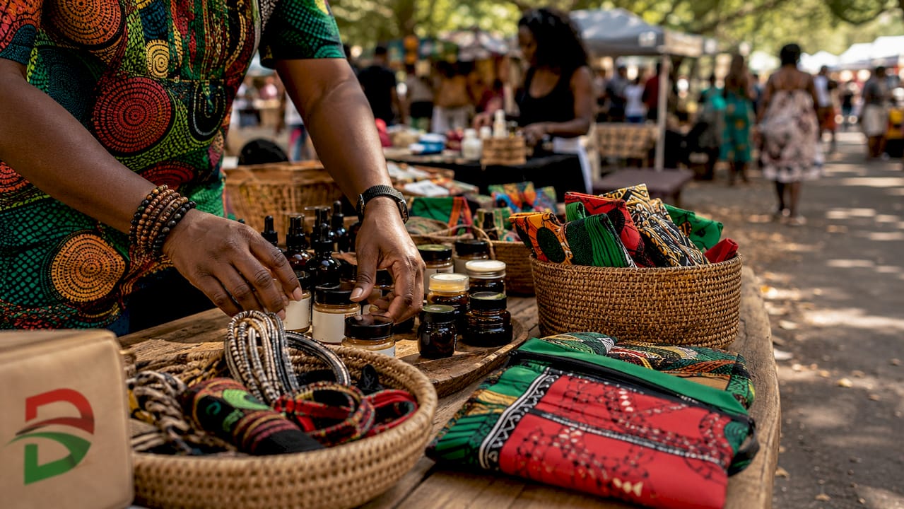 Hands arranging Black-owned artisan products