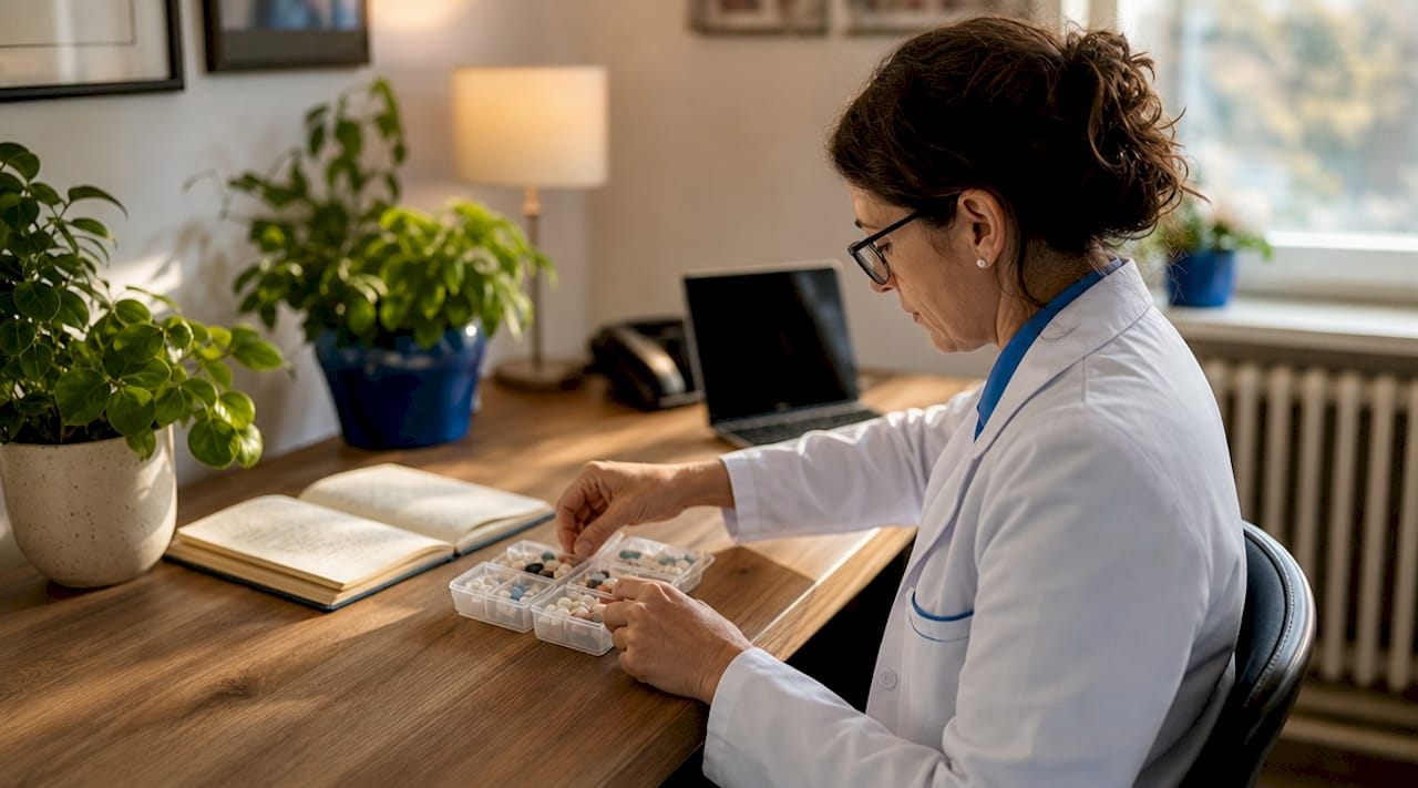 Pharmacist organizing medication for detox