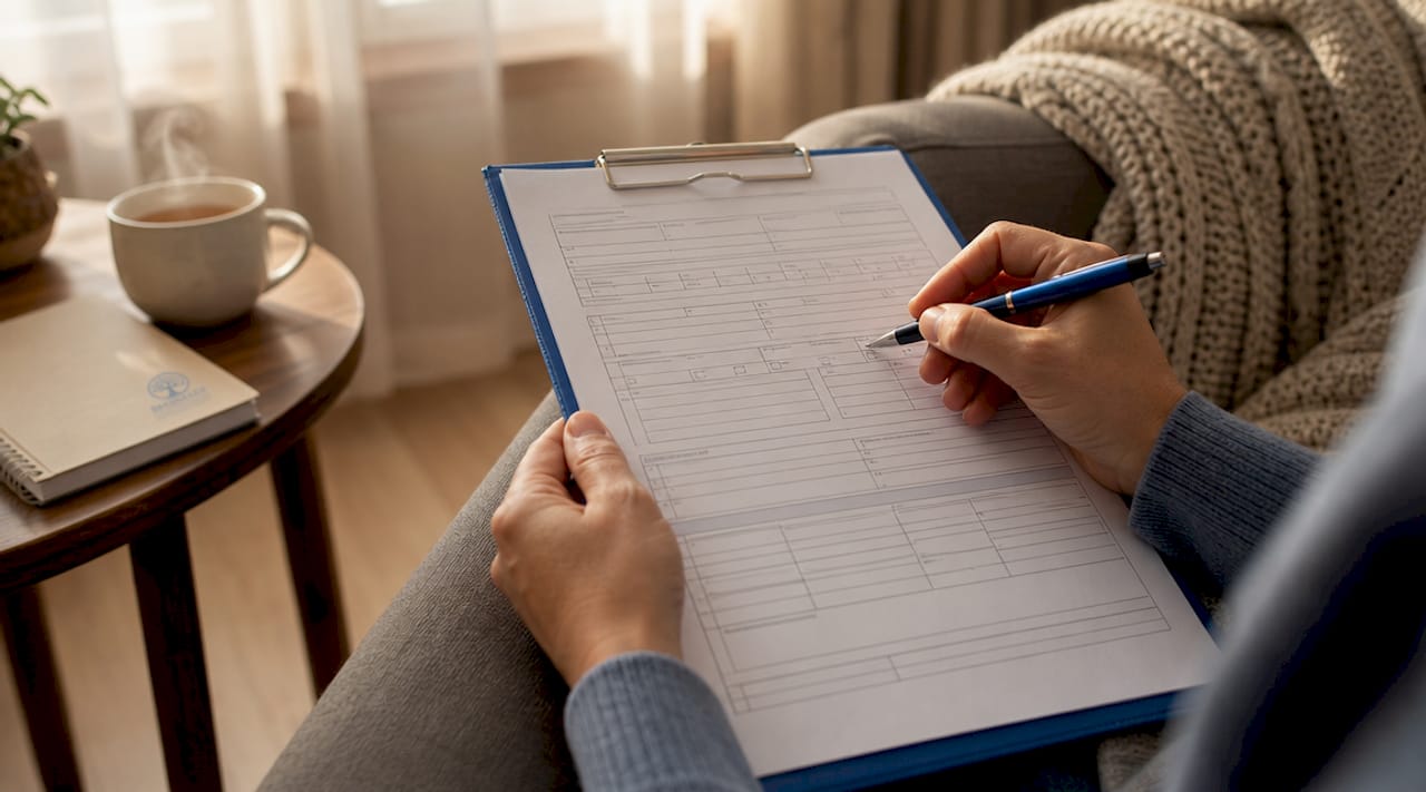 Hands filling psychiatric history form with pen