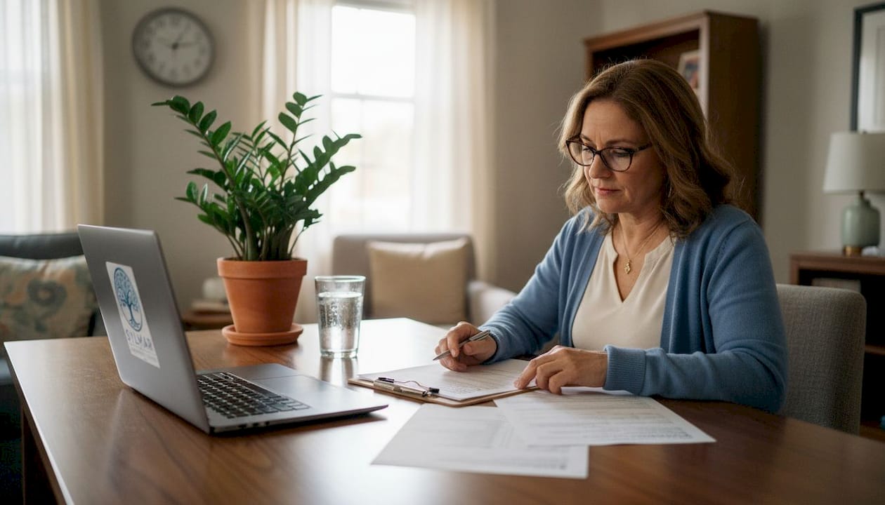 Counselor reviewing care forms in treatment center