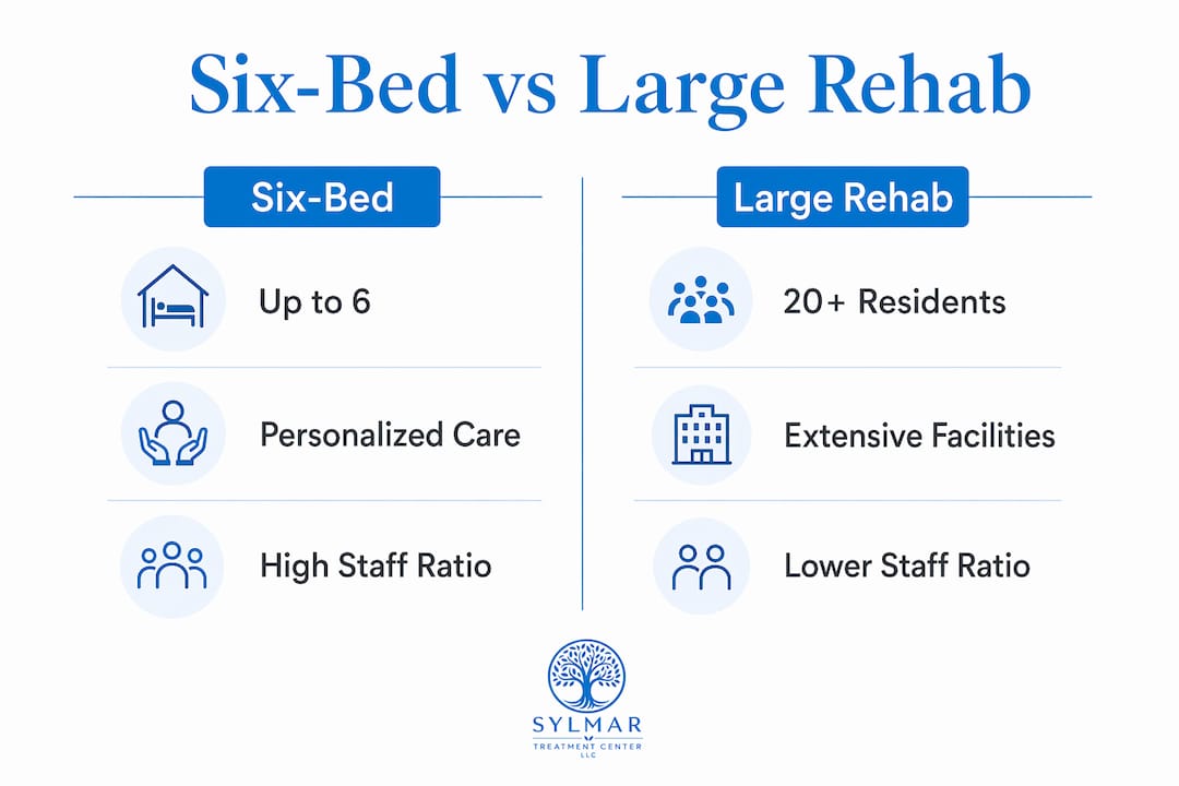 Infographic comparing six-bed and large rehab facilities