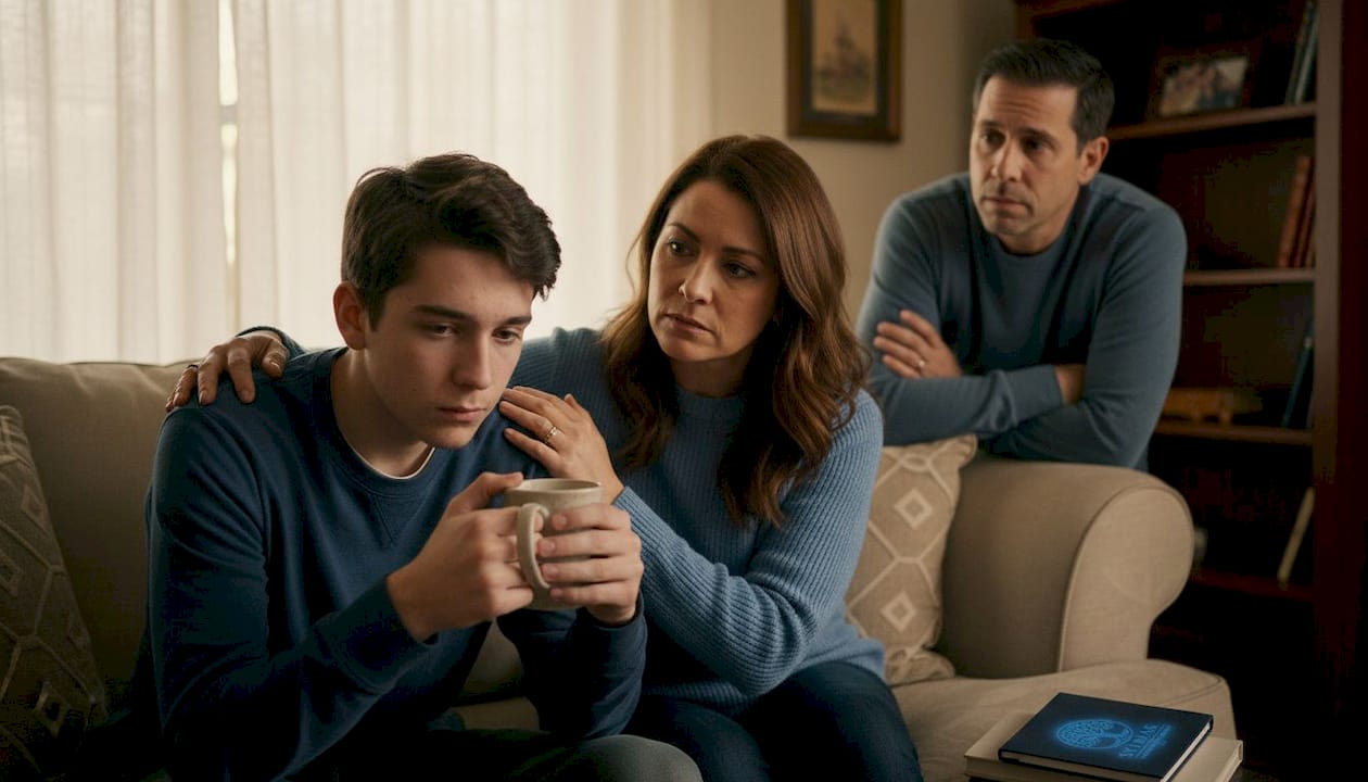 Family supporting teenager during withdrawal symptoms