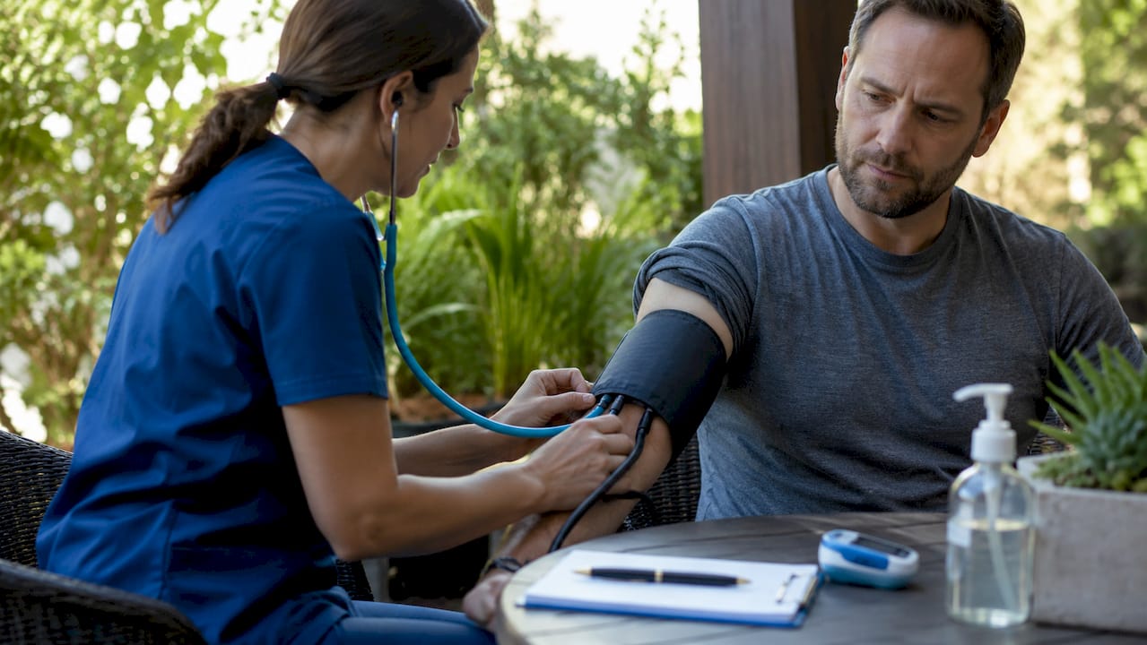 Hands performing physical health check with blood pressure cuff