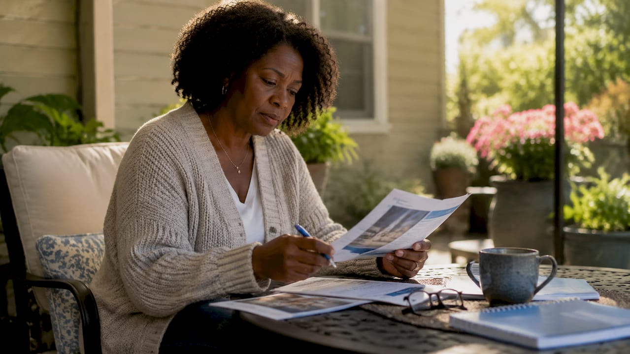 Woman reviewing residential treatment brochures at table