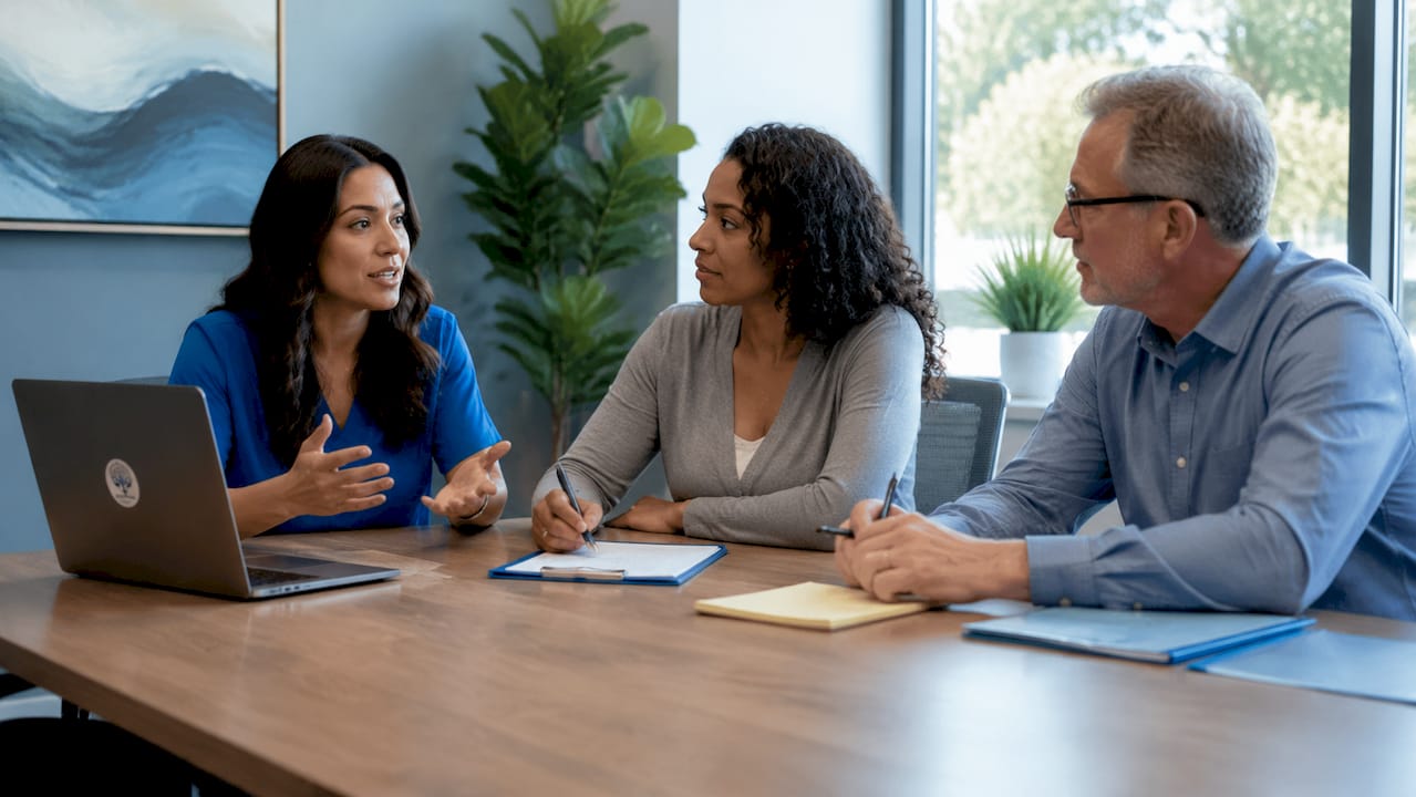 Clinical staff discussing addiction treatment program