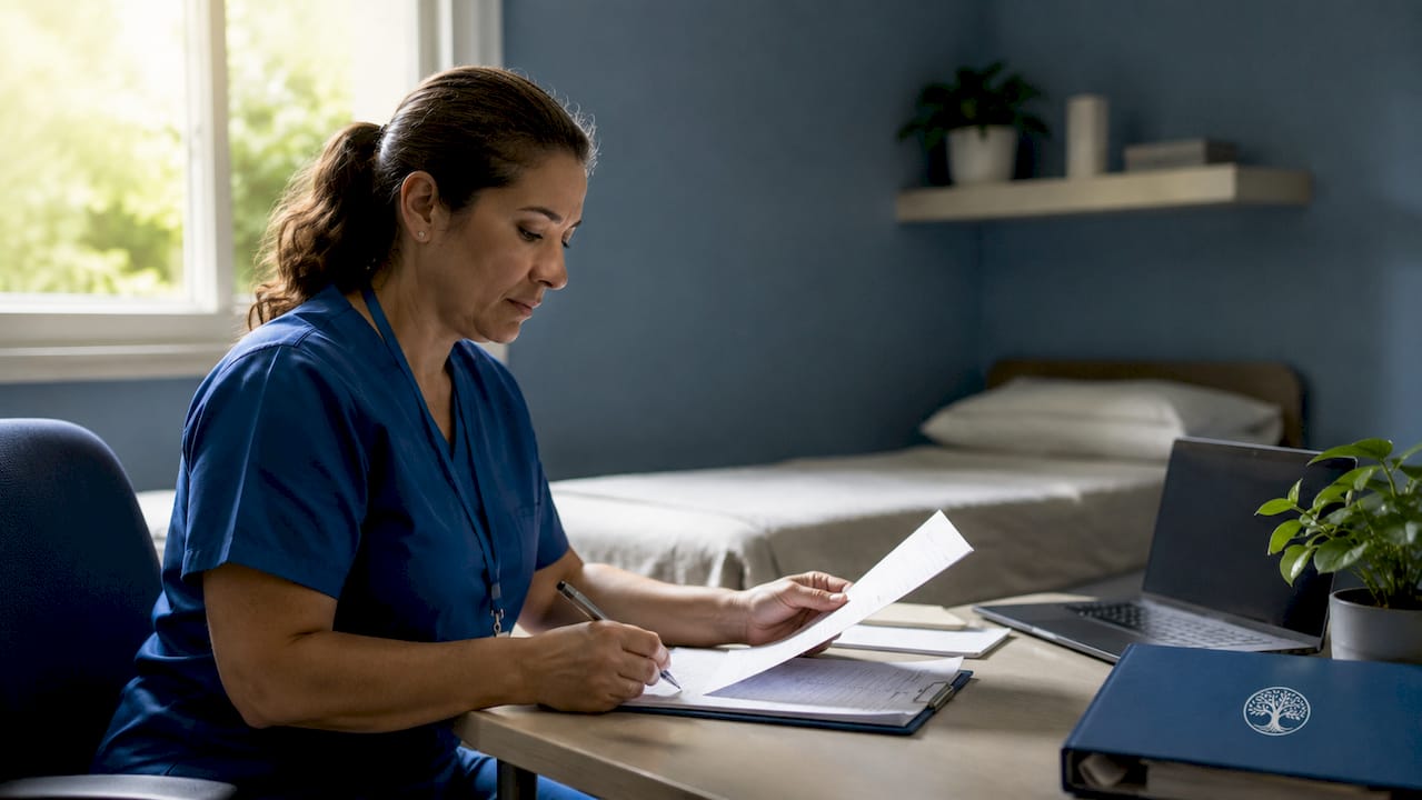 Nurse reviewing intake forms in detox room