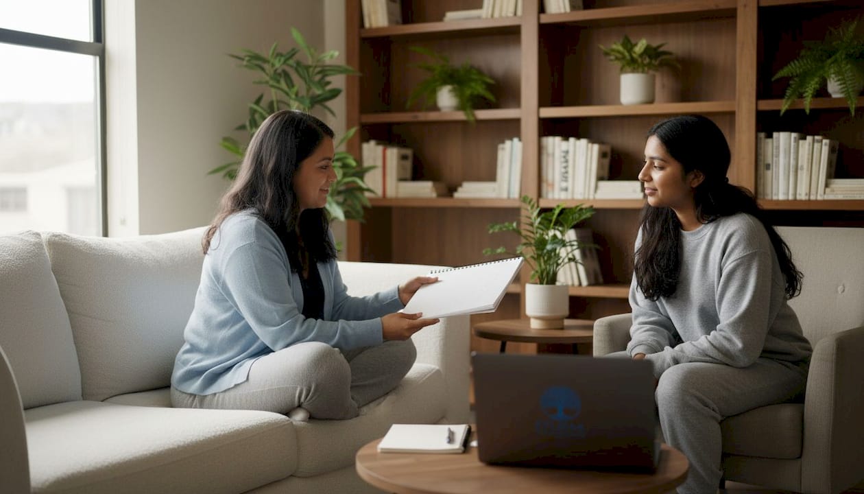 Therapist hands workbook to patient in DBT session