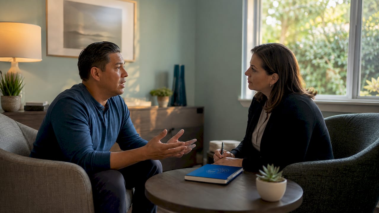 Patient and therapist in addiction behavioral therapy session