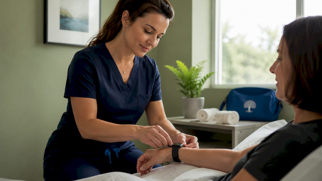 Clinician adjusting heart rate monitor on patient