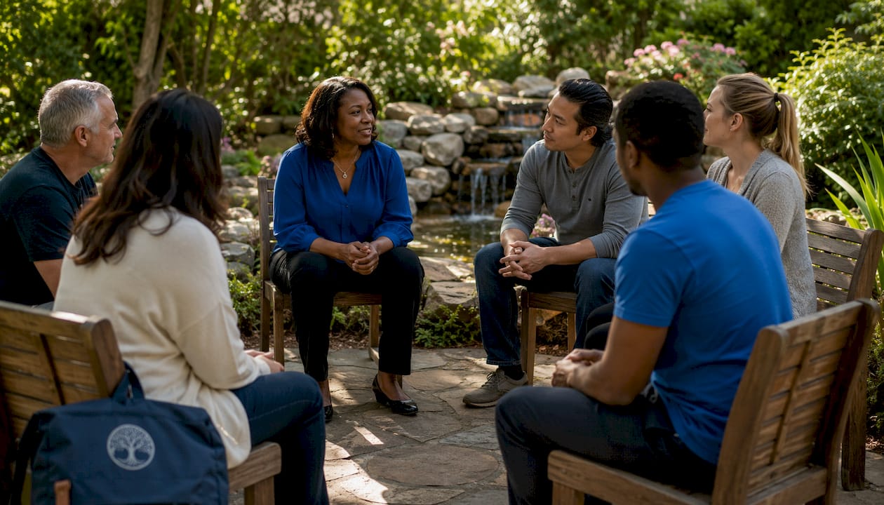 Diverse group engaged in therapy session