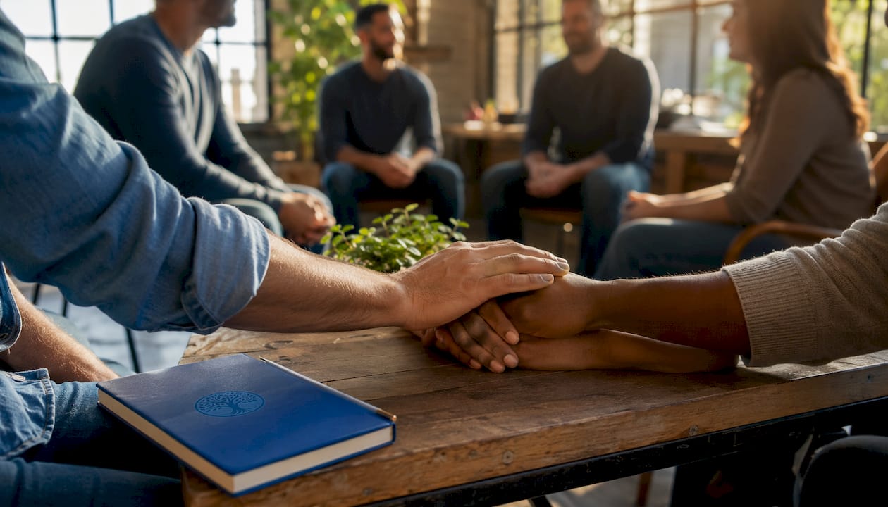 Close-up of supportive hands in group therapy