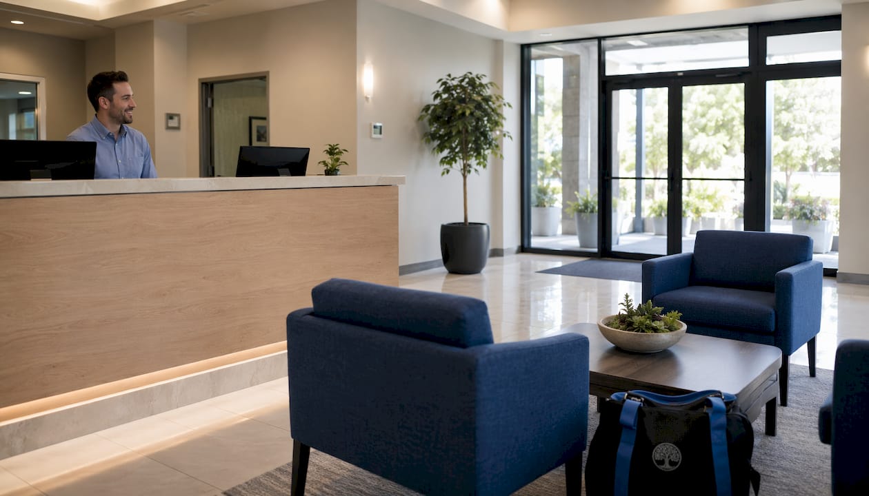 Clinical rehab center lobby and reception area