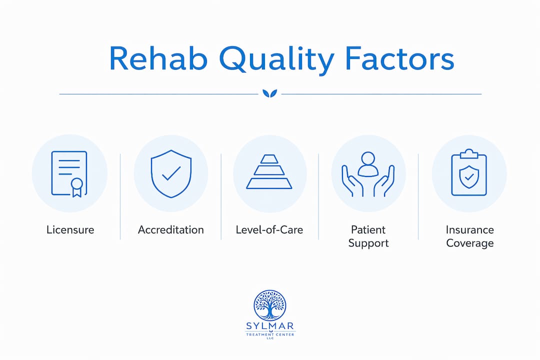 Infographic depicting rehab quality evaluation factors in hierarchical diagram