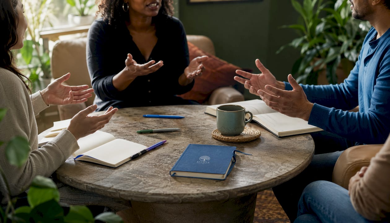 Overhead view of group discussion at treatment center