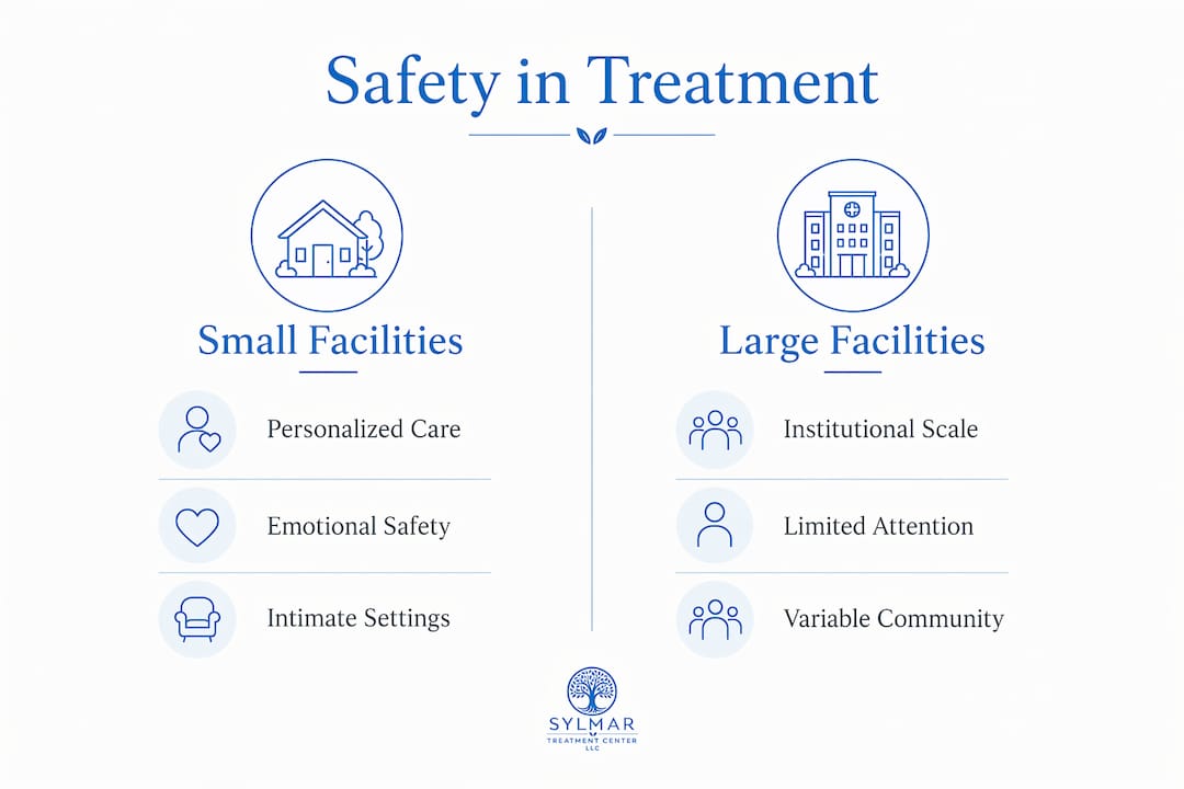 Infographic comparing safety features in small vs large treatment facilities