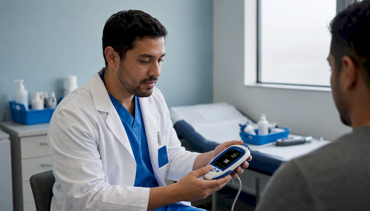 Nurse performing biomedical screening with monitor