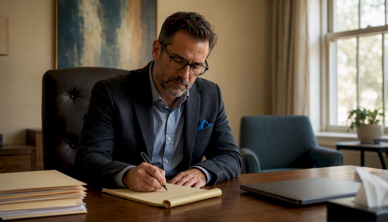 Psychiatrist writing notes in office