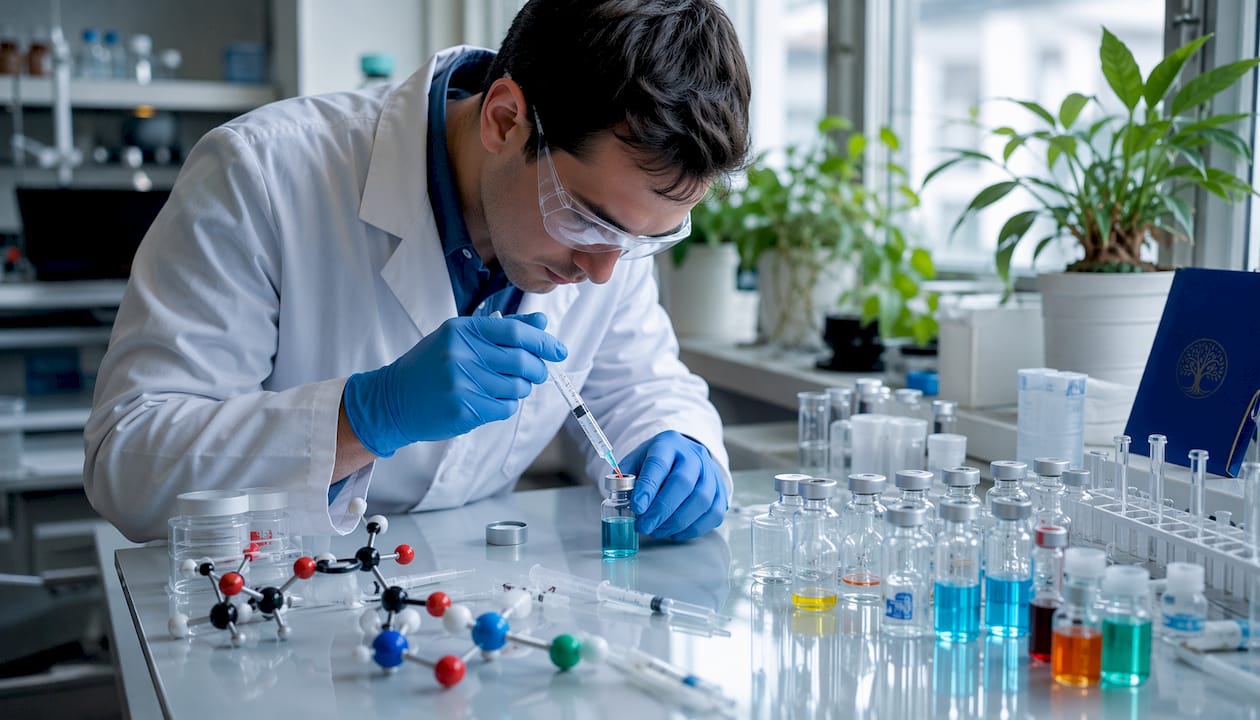 Scientist handling chemical vial in lab