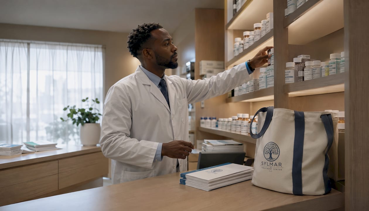 Pharmacist selecting opioid detox medications