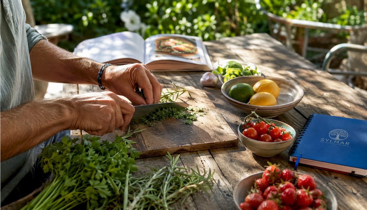 Hands chopping vegetables supporting sobriety routine