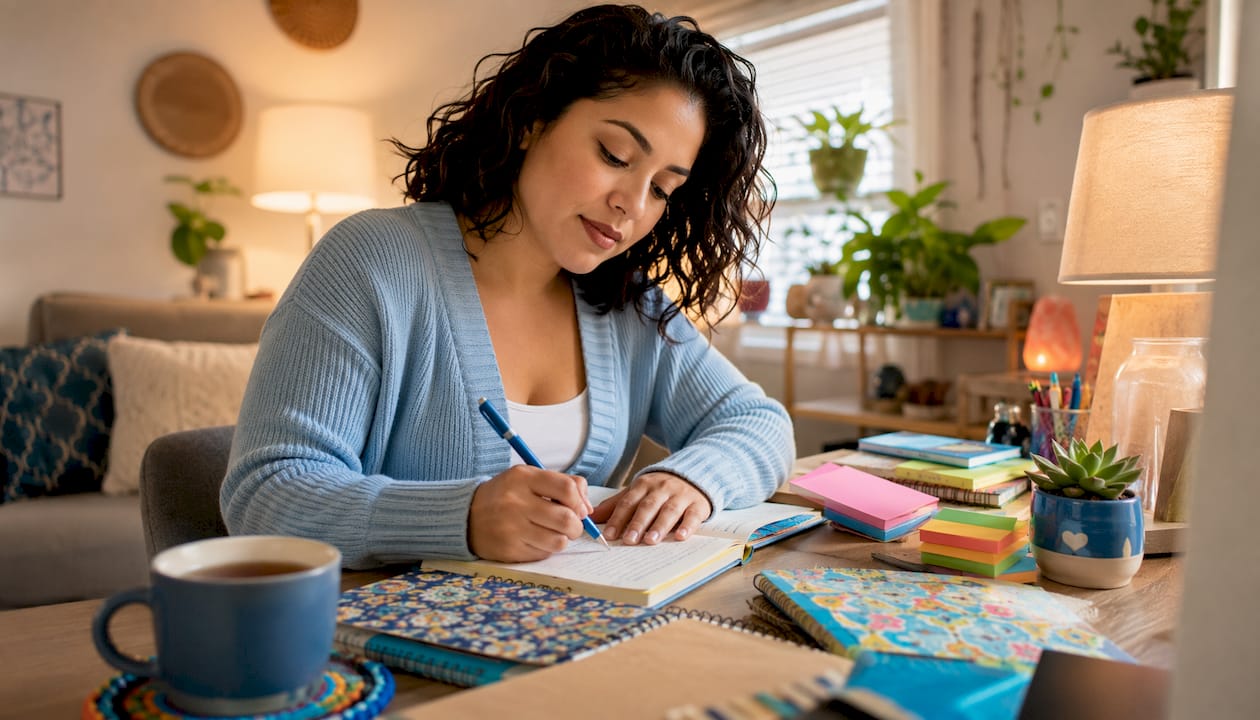 Woman journaling recovery progress at home