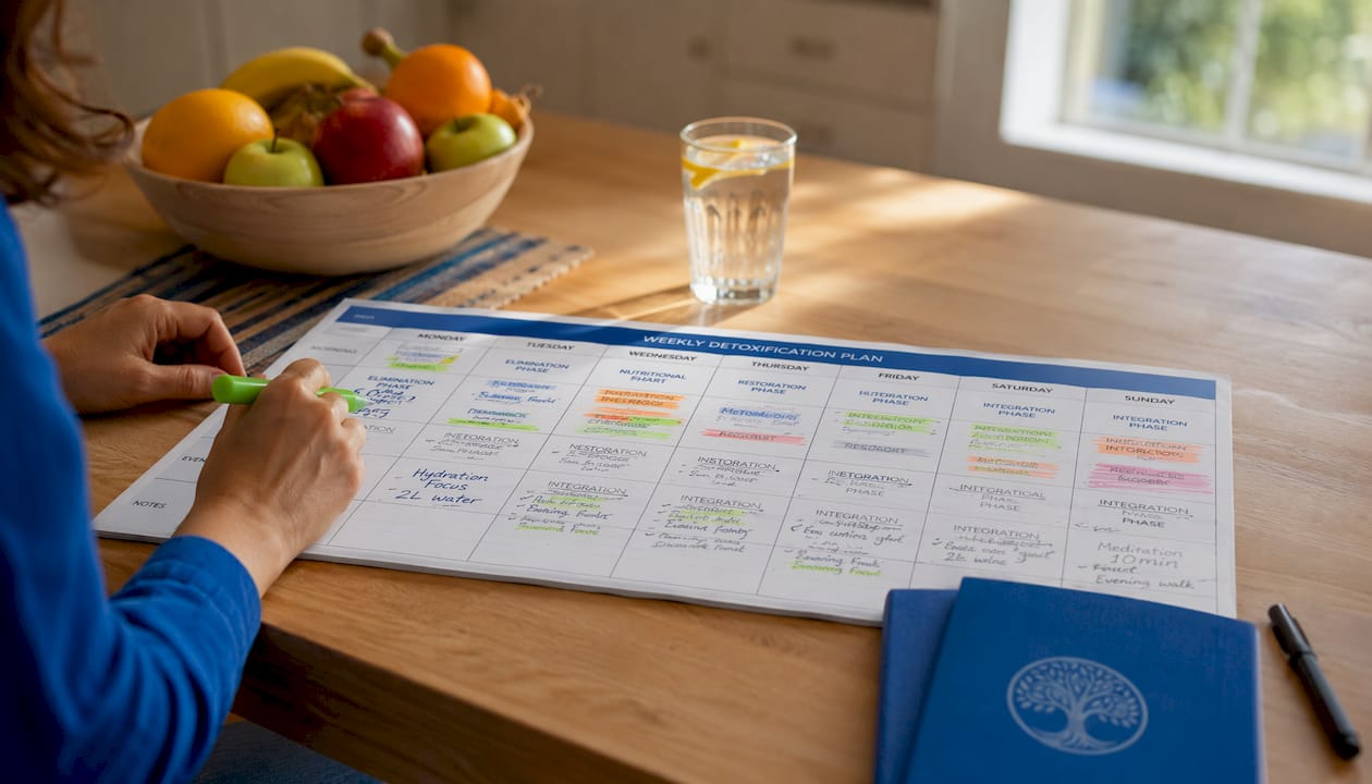 Hands marking medical detox phases on calendar