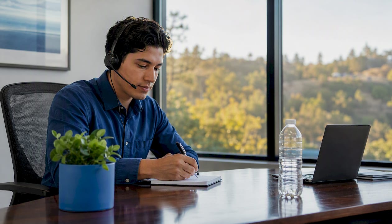 Admissions counselor taking call in bright office