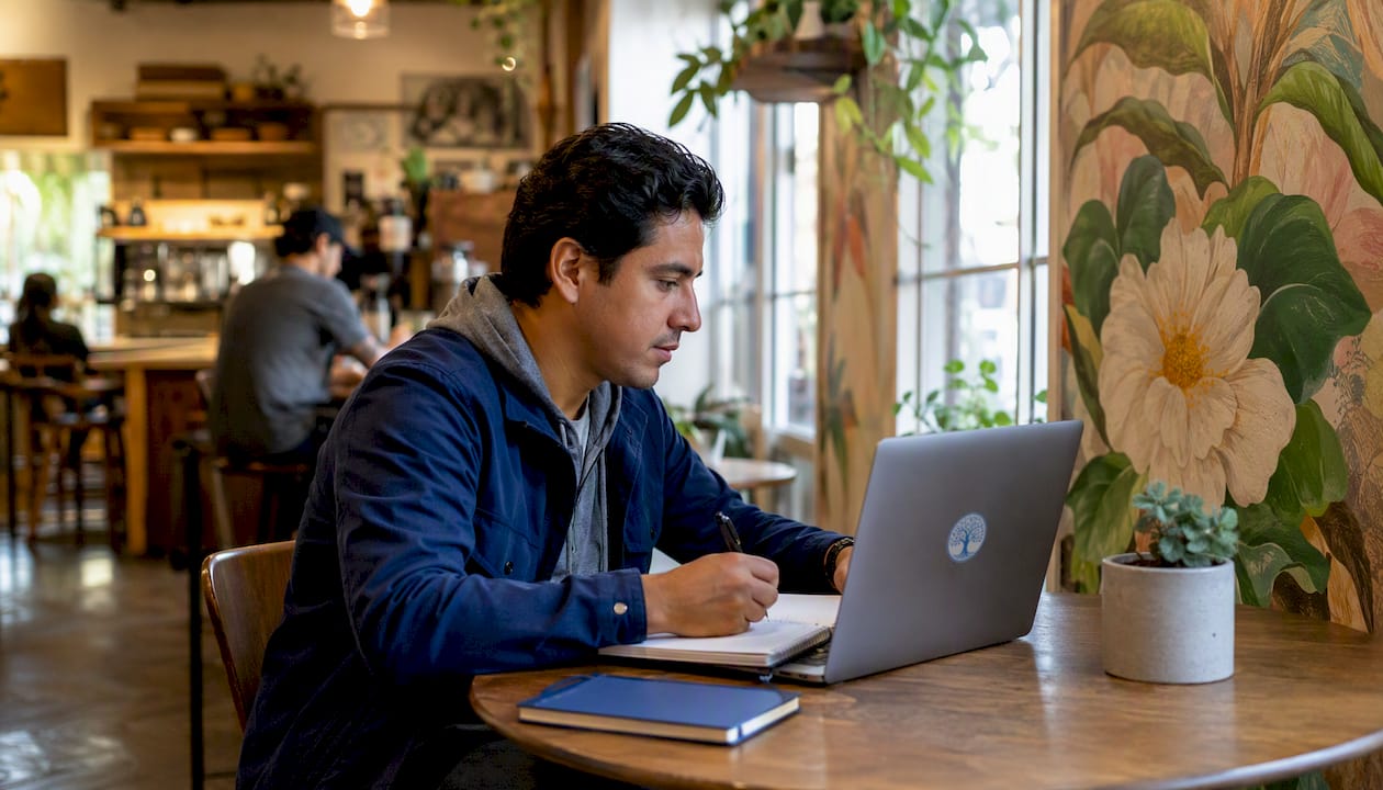Young man browsing treatment referral website at home