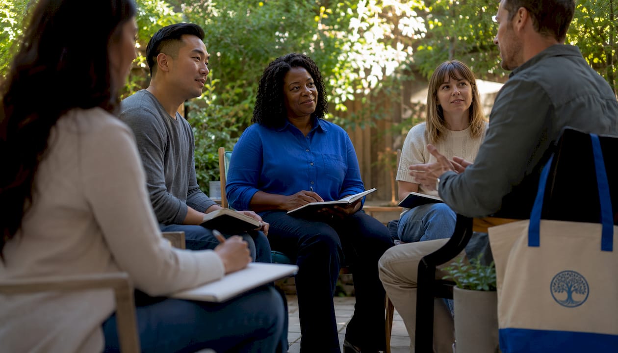 Diverse group in residential treatment meeting