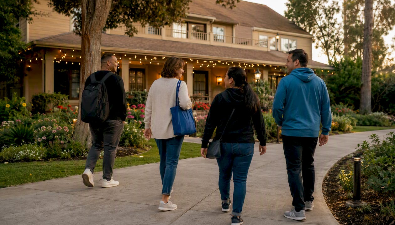 Residential addiction treatment center exterior with patients