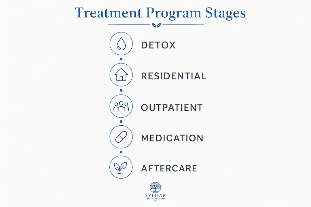Infographic illustrating stages of addiction treatment programs