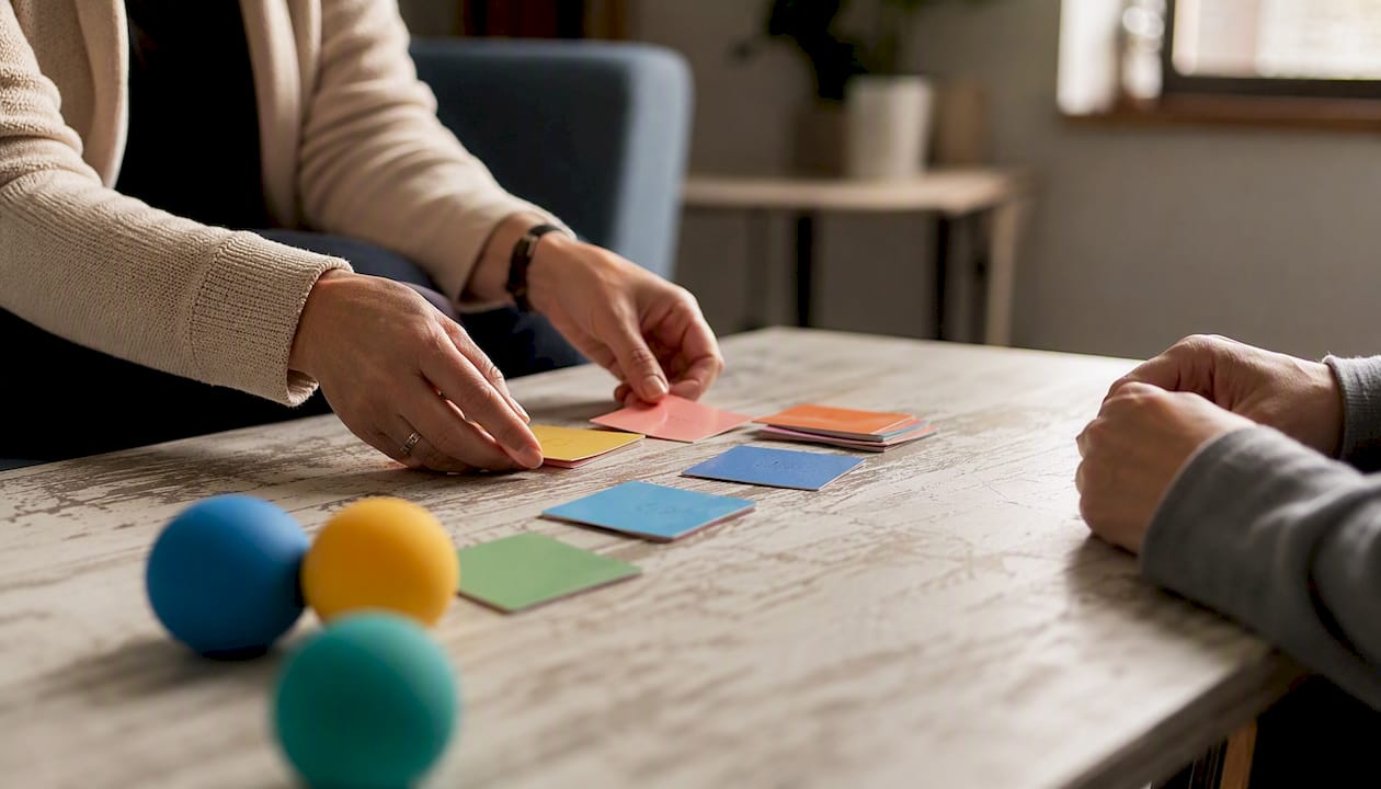 Hands arranging CBT therapy cards