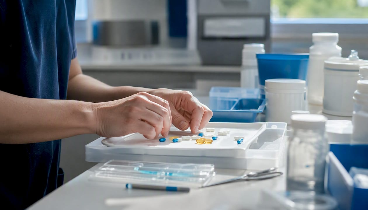 Hands preparing medication in detox center