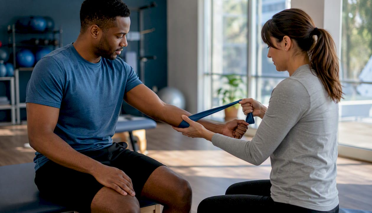 Therapist guiding patient with resistance band