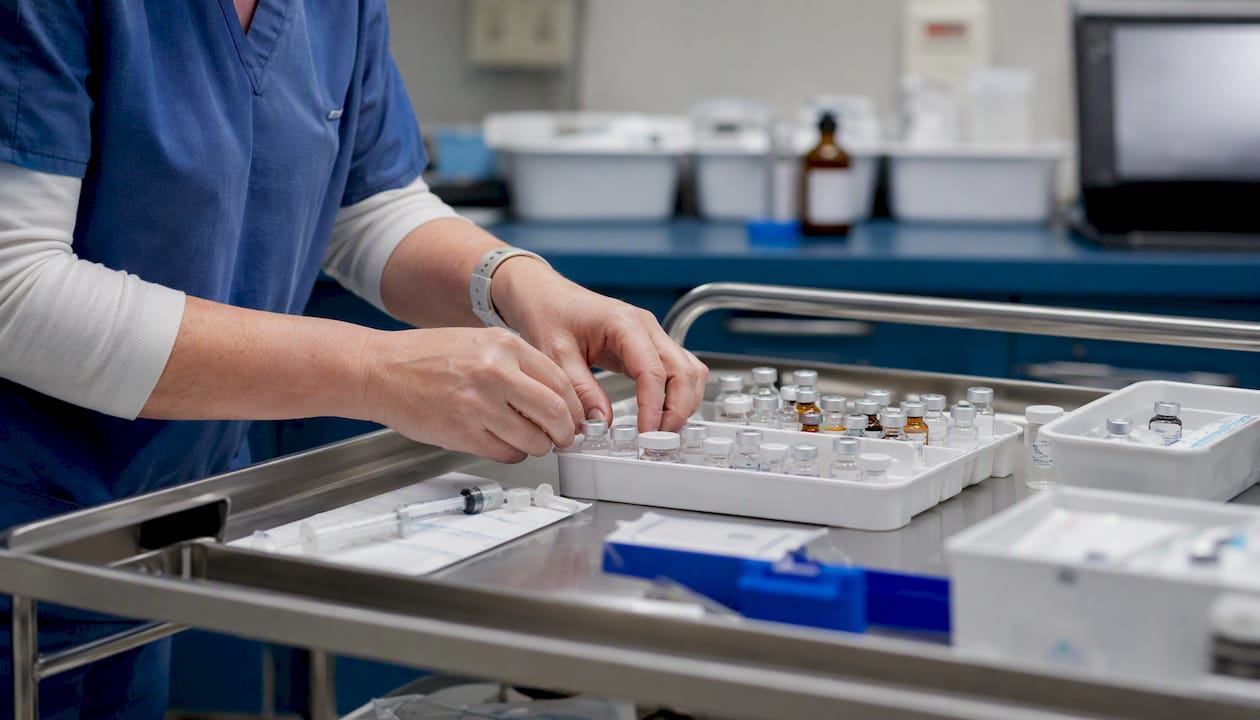 Hands organizing medication vials in clinic