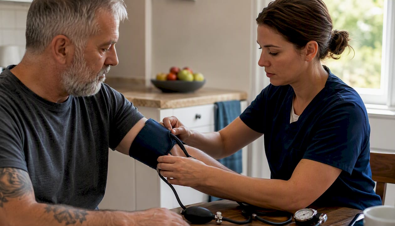 Caregiver measuring blood pressure during detox at home