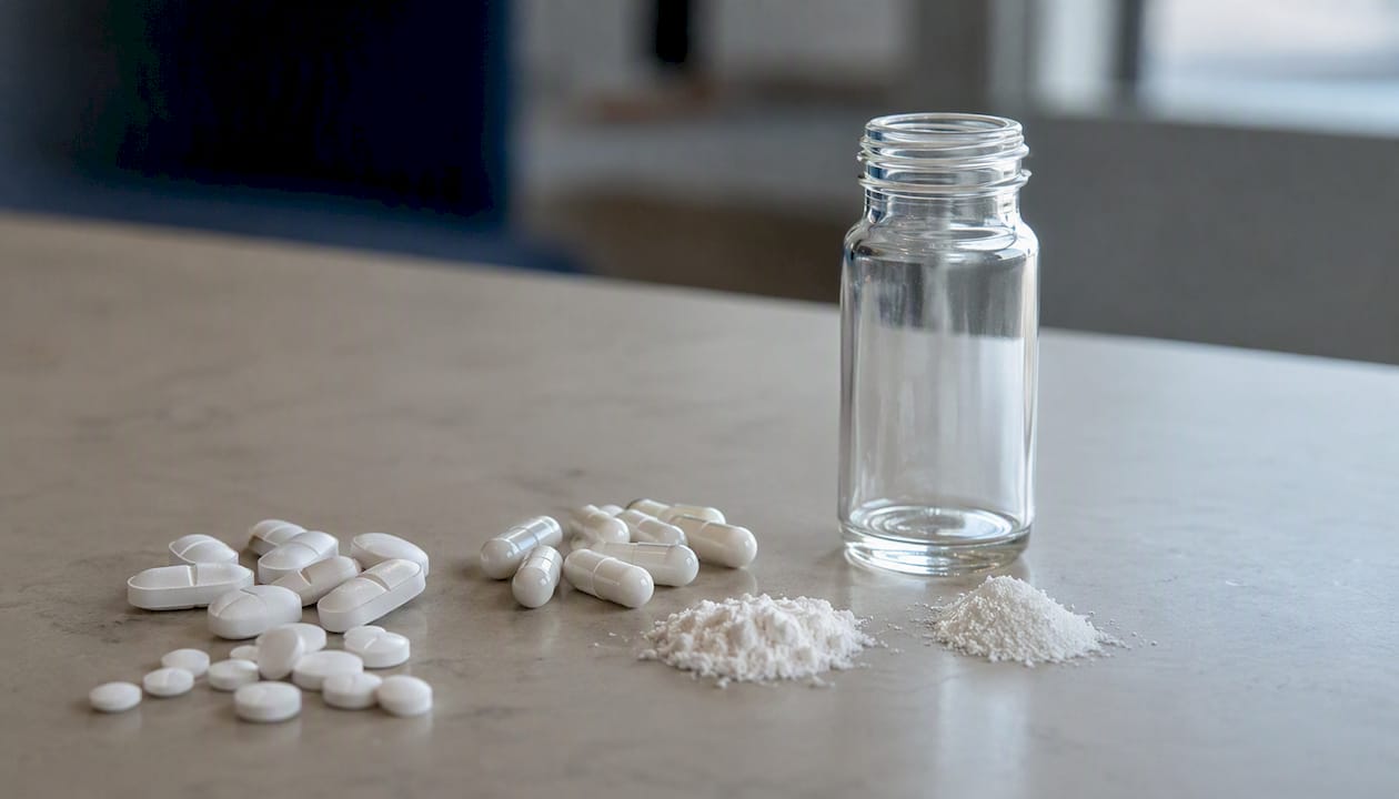 Close-up of assorted unlabeled benzodiazepine pills and powders