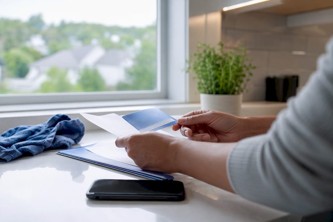 Hands organizing insurance card and medical records