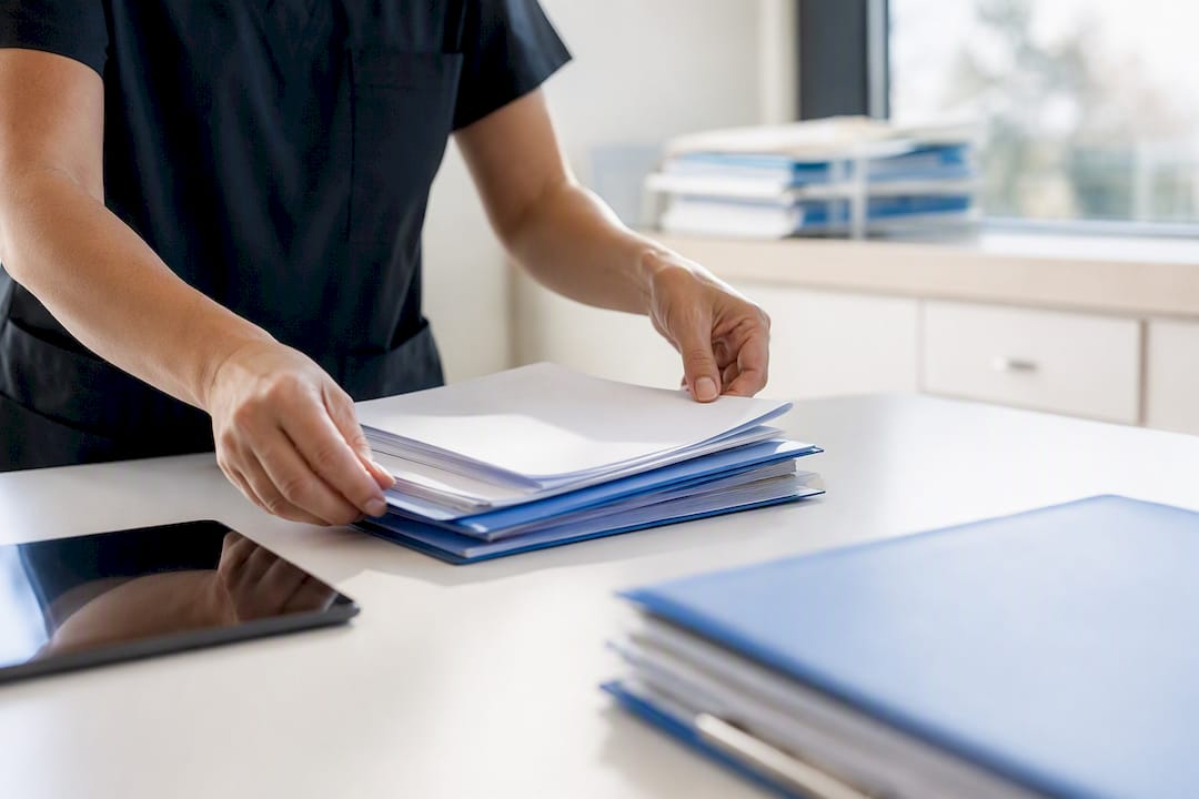 Hands preparing clinical documentation for authorization