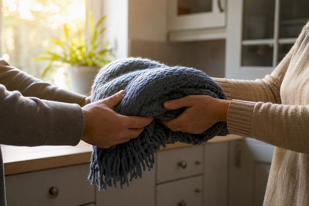 Two pairs of hands exchanging a folded blanket