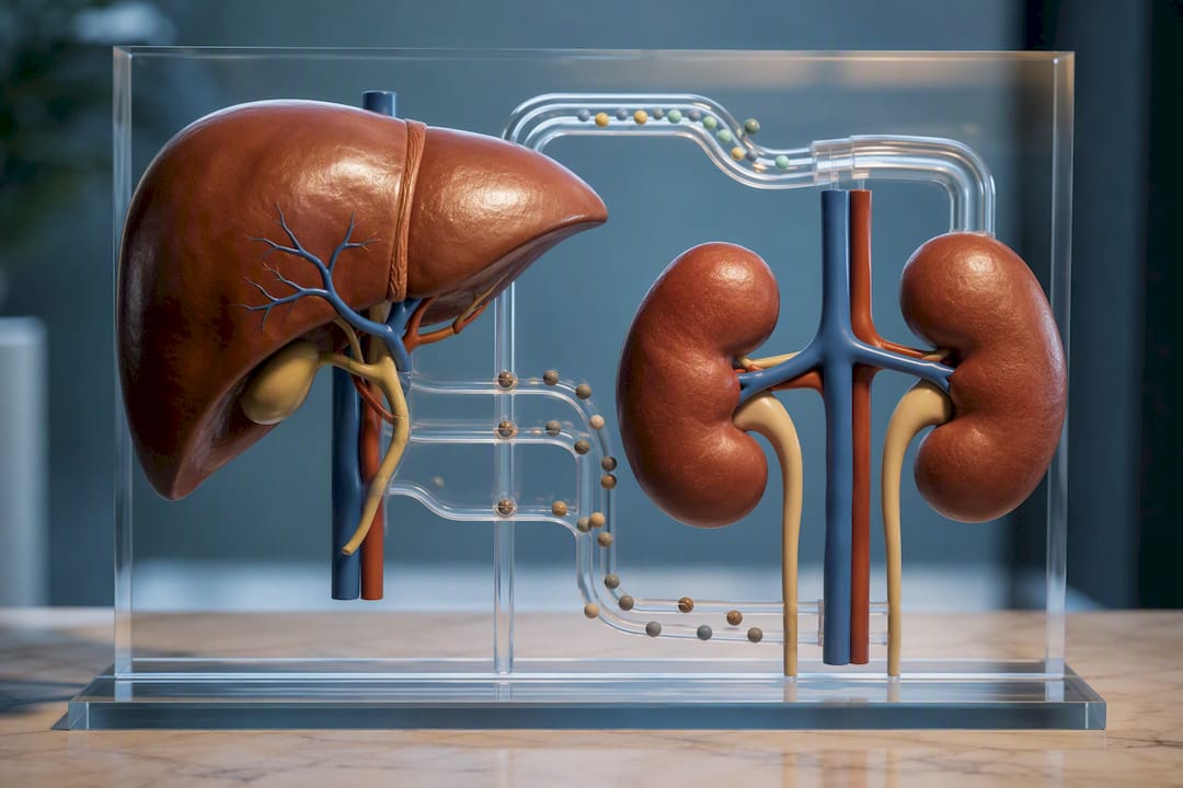 Illustration of liver and kidneys filtering waste