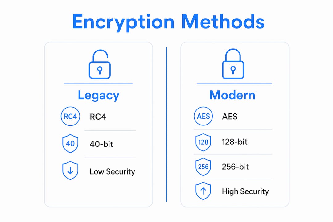 Infographic comparing PDF encryption methods and security levels