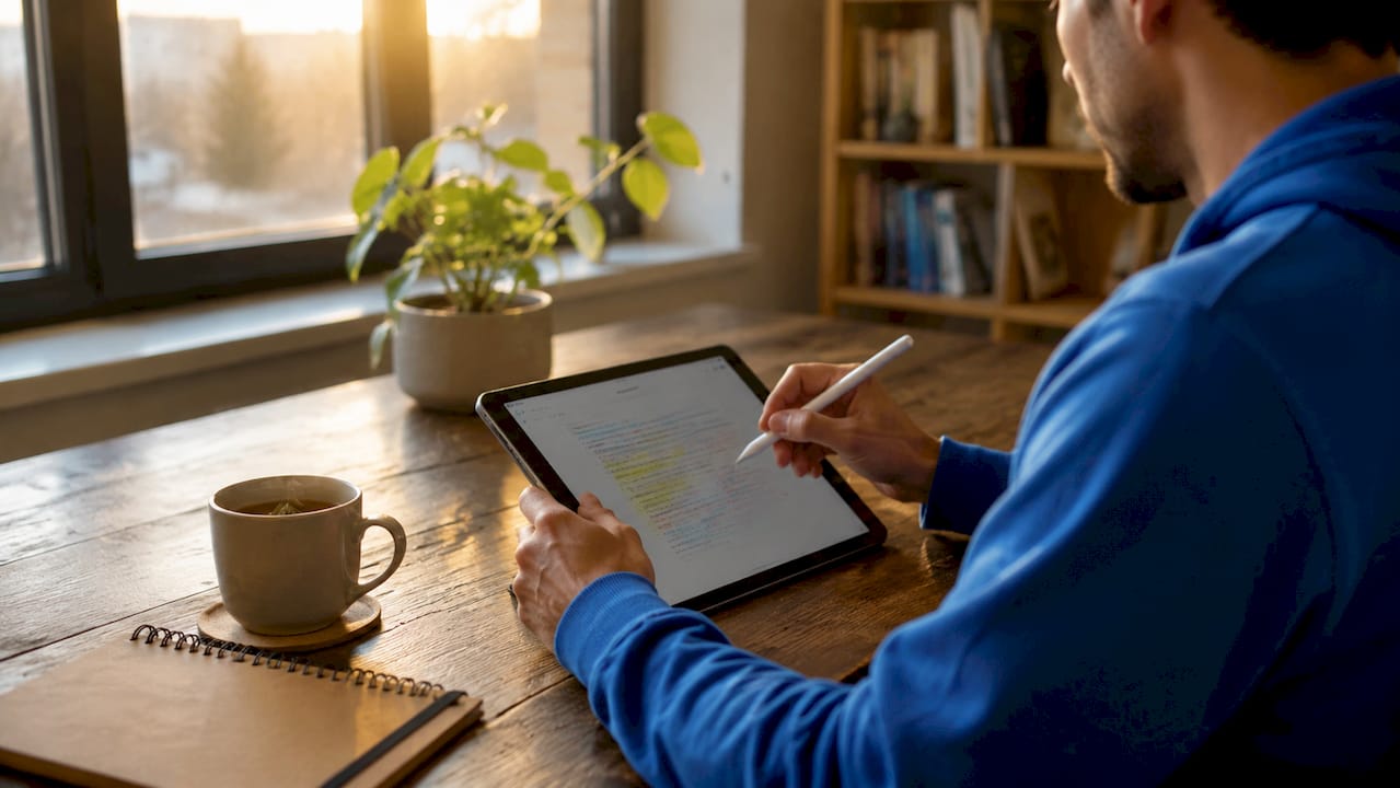 Hands annotating PDF on tablet in café